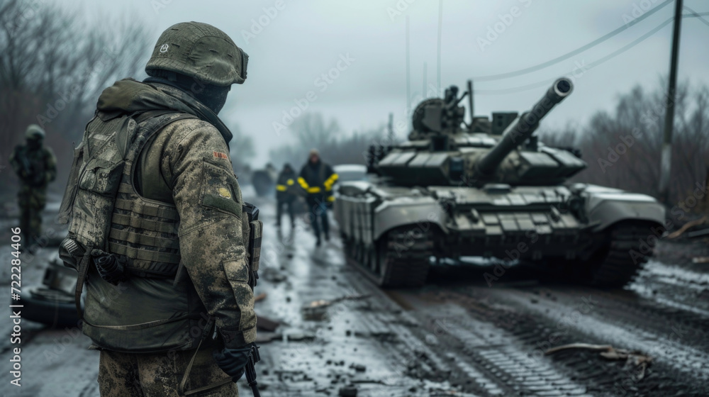 Soldiers in War with Army Tank, Generative AI