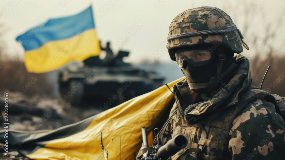 Ukraine Soldiers United: Flag of Strength in the Background, Generative AI