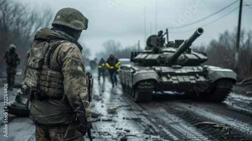 Obraz na płótnie Soldiers in War with Army Tank, Generative AI w salonie