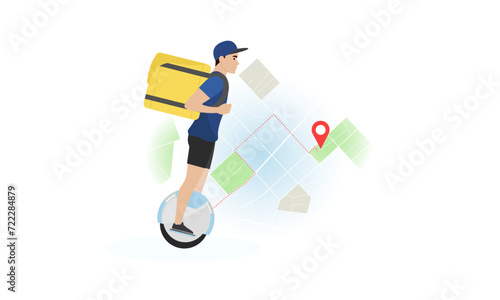 Delivery man illustration. A young guy with a backpack rides an electric unicycle against the background of a map with a route. Fast delivery. Delivery service.