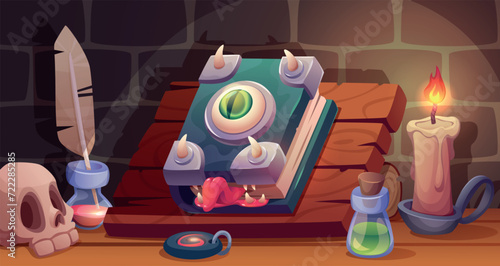 Wizard room. Table with spell book and magic stuff exact vector fantasy background in cartoon style