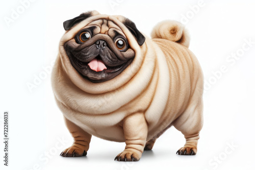 Fat Pug dog with bulging eyes and crazy face isolated on solid white background. ai generative