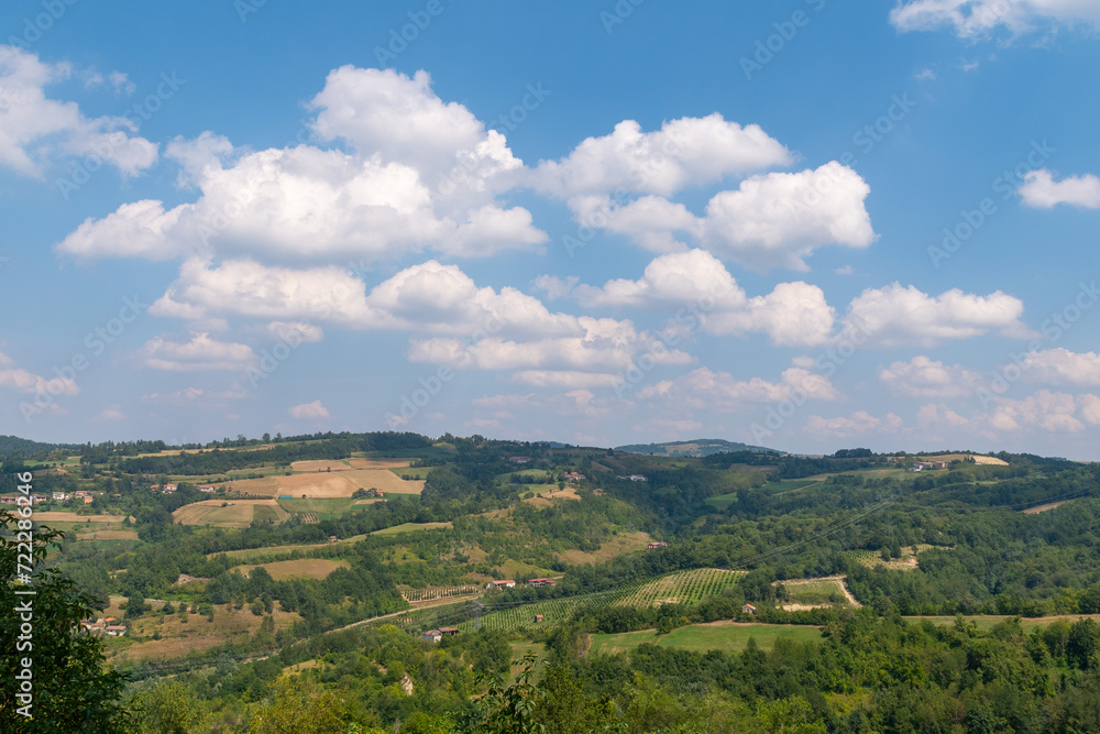 Panorama of the Langhe hills, Unesco World Heritage Site, in summer, Cuneo province, Piedmont, Italy