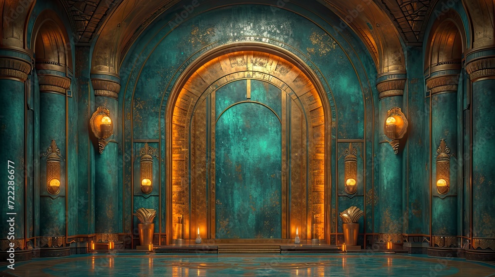 Obraz premium Art Deco Background. 3d rendering of a vintage hall in blue and gold accents with a majestic feel.