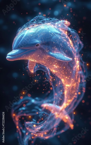 Neon Cyberpunk Fantasy, A Futuristic Scene of a Dolphin Swimming in Space, Surrounded by Dazzling Neon Lights and Galactic Wonders.