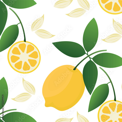 Yuzu japanese citron fruit seamless pattern, pattern with lemons. Full, half and sliced citrus yuzu, lemons fresh fruit seamless texture.