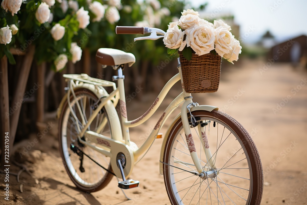 Pastel-colored bicycle with basket of white roses standing in a rose garden