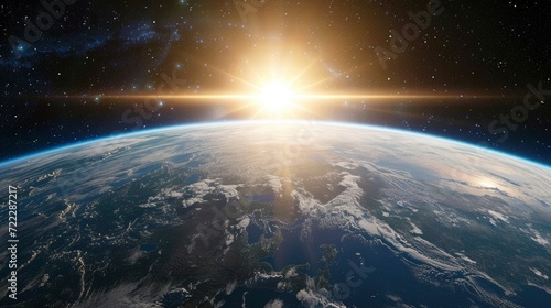 Sunlight over Earth in the outer space