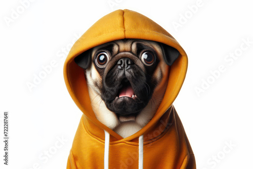 pug dog wear hoody with surprised face isolated on solid white background. ai generative
