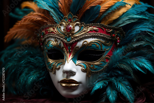 Luxury carnival masks decorated with feathers, gold, and jewelry. Close up..Generative Ai