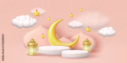 3d Ramadan background. Islam podium banner decoration with moon, crescent and gold mosque. Empty stand for product presentation, muslim signs, eid mubarak. Vector modern render isolated elements