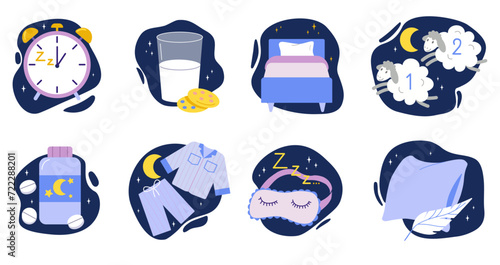 Sleep time. Nighttime relaxation. Soft feather pillow. Alarm clock. Night mask for insomnia. Relax in bed. Sleeping pill. Sheep counting. Milk glass and cookies. Vector dream icons set
