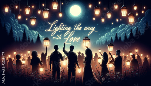 Lanterns Lighting Love Path. Silhouettes of people at a lantern festival with a message of love and unity.