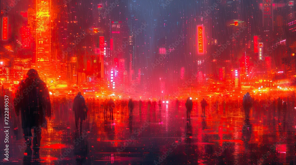 The atmosphere of a futuristic city at night with sparkling city lights and rain. Futuristic Background.