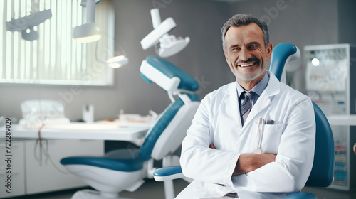 Doctor mature man sitting in doctor s office concept of medical education dentistry cosmetologist health care professional