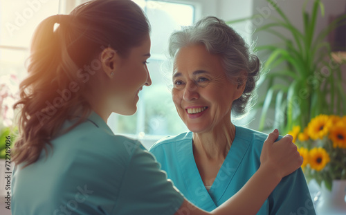 A cheerful elderly woman in a medical facility enjoys a heartening conversation with a friendly nurse, surrounded by a bright and inviting atmosphere. photo
