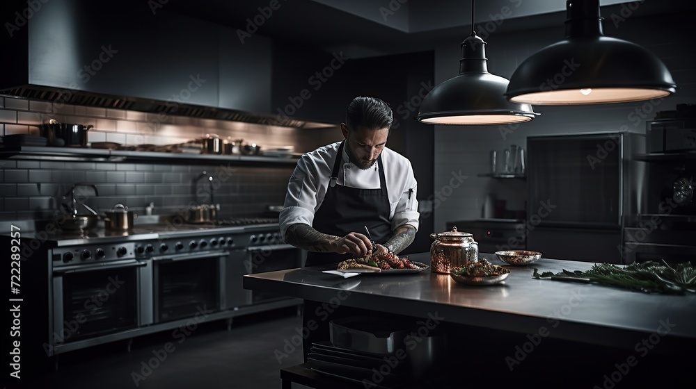A modern kitchen with sleek design featuring a chef A modern kitchen with sleek design featuring a chef