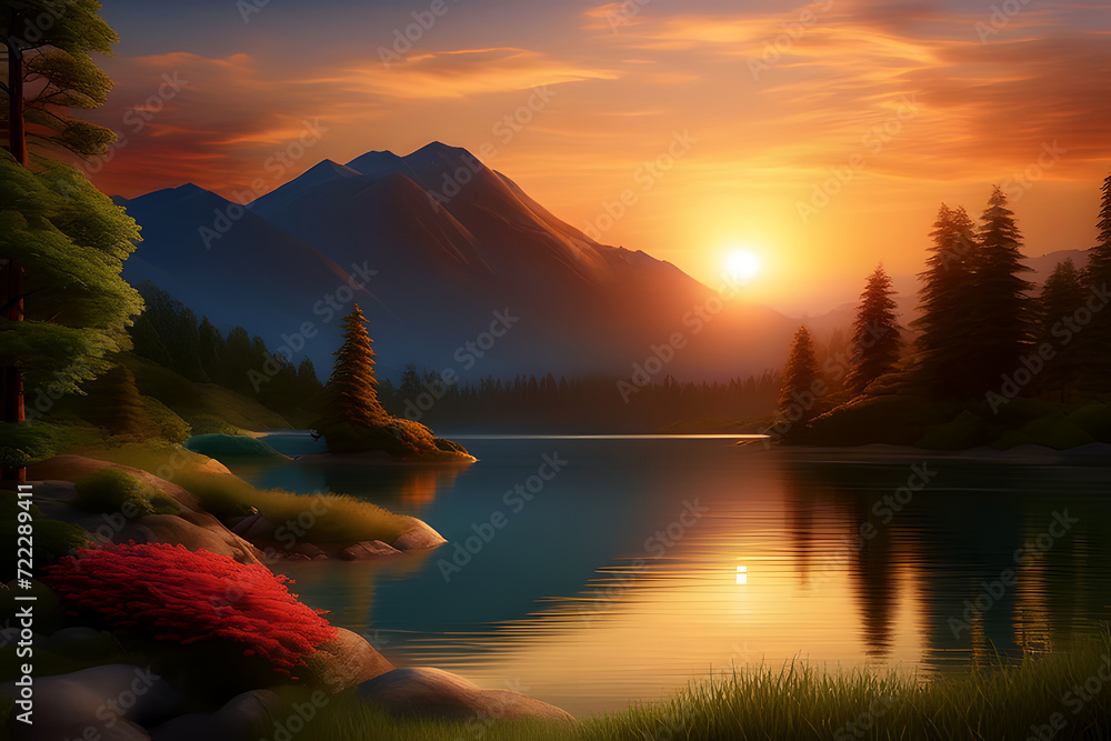 Sunset and sun rising over the sea lake mountain beach ocean and river ...