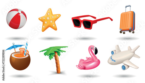 3D summer icons. Beach vacation. Travel objects. Kids ball for holiday party. Inflatable sea toy flamingo. Tourist baggage. Cocktail drink. Sunglasses or airplane. Vector render set