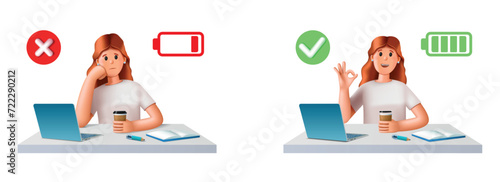 3d work person. People tired, women avatar with computer in stress or happy, office employee bored, full energy. Professional burnout syndrome. Vector cartoon render illustration business concept