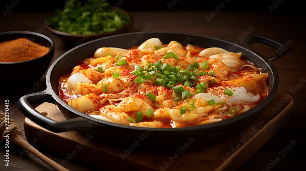 A delicious vegetarian pasta dish with colorful veggies on a rustic wooden cutting board