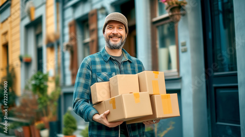 A smiling male courier delivers packages to a client's home.
