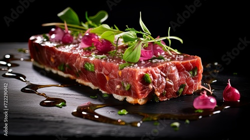 Savory steak with gourmet garnish on a plate