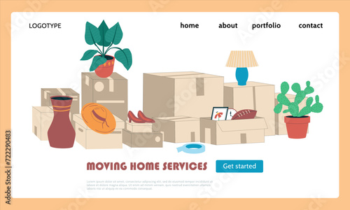 Moving home service landing page. Cardboard boxes. Family relocation. Packed stuff for relocating to new apartment. Cargo shipping and delivery. Website design template. Vector background photo