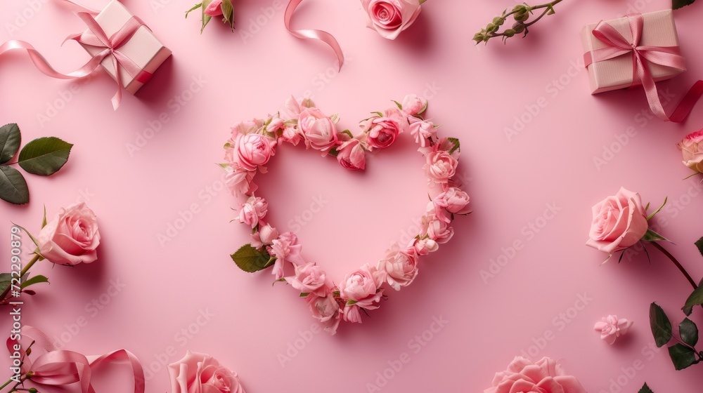 Valentine's Day design concept background with pink.Flower roses frame on pink pastel background. Mothers day, Valentines Day, Birthday Greeting card.