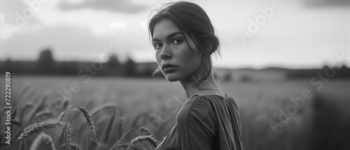 Grainy Scandinavian art house movie plot. A woman on a farm, expression full of meaning and conflicted emotion. In the style of a panoramic movie still. Portrait of the main character, protagonist.