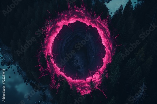 This striking image captures an aerial view of a dark forest at night, featuring a mesmerizing neon pink vortex swirling into what appears to be a deep abyss. The contrast between the natural