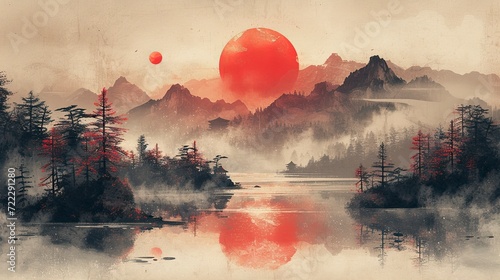 Traditional Japanese style landscape with sakura, hills, sun, lake, and cranes on a vintage watercolor background. photo