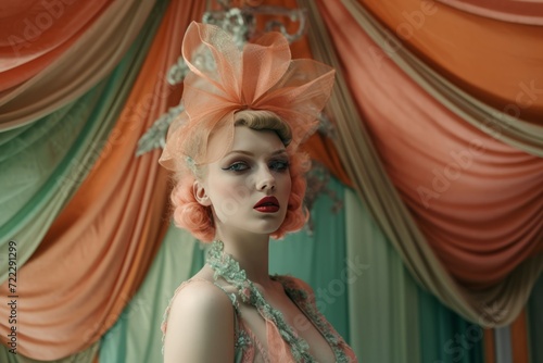 Woman vintage style model with bow in her hair. Against background of beautiful green and orange fabrics. Generate Ai
