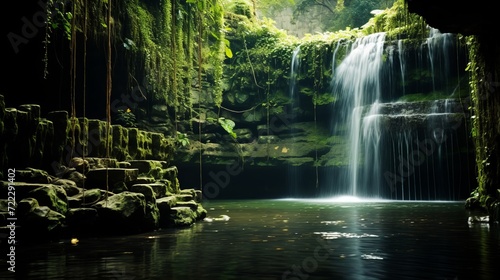 Tranquil park scene with cascading waterfall surrounded by lush greenery and serene natural beauty