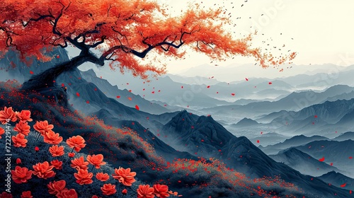 Traditional Japanese style landscape with autumn flowers, and hills on a vintage watercolor background.