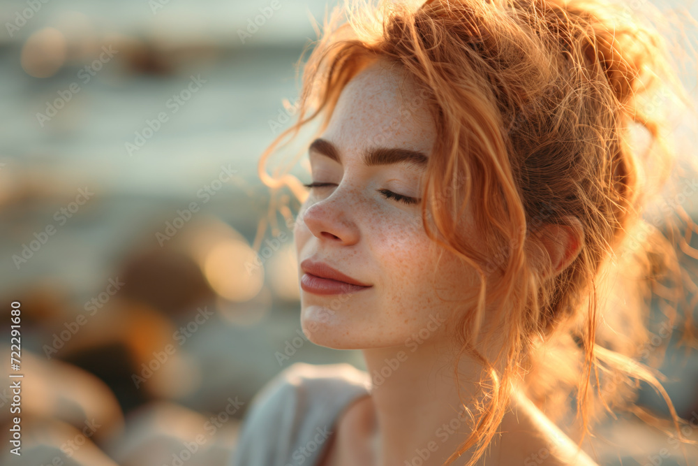 Serene young ginger woman with closed eyes enjoying a seaside sunset, gentle sun rays on her face