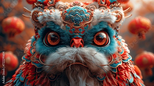 Cute red and blue lion dance. Chinese New Year background. © pengedarseni