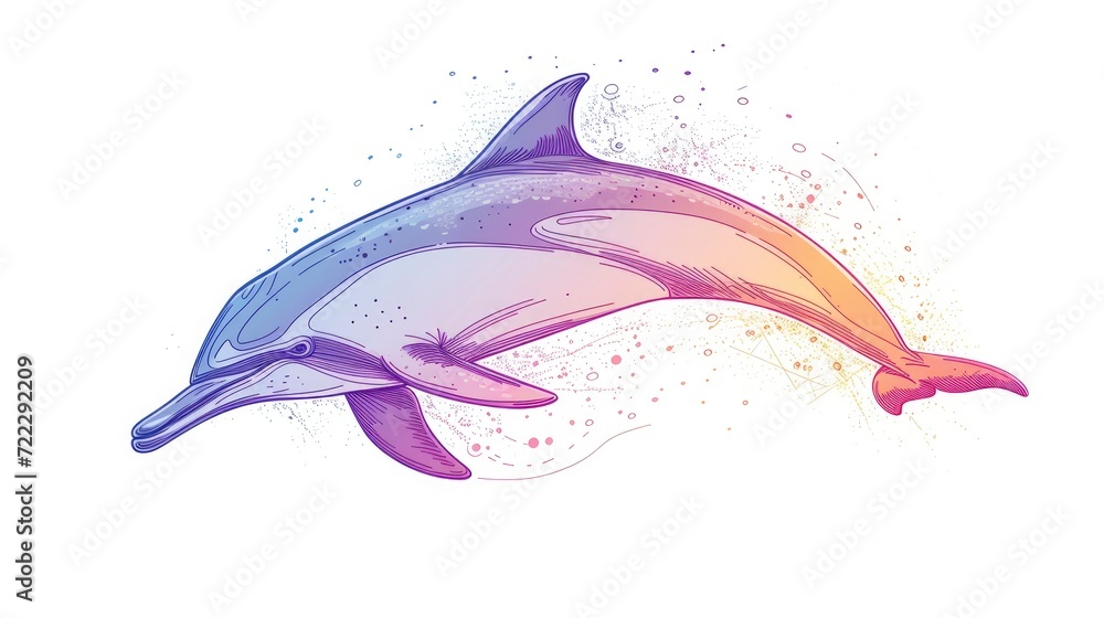 One-Line Drawing, A Dolphin Swimming in Space, Outlined in a Simple and Minimalist Style.