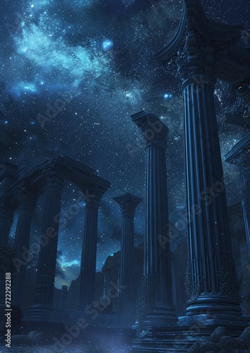 Columns at Night. Majestic Structures under a Sky Full of Stars.