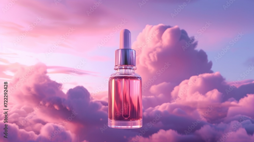 Cosmetic Product Advertisement, Skincare Serum Enveloped in a Soft Purple Sky Background. - obrazy, fototapety, plakaty 