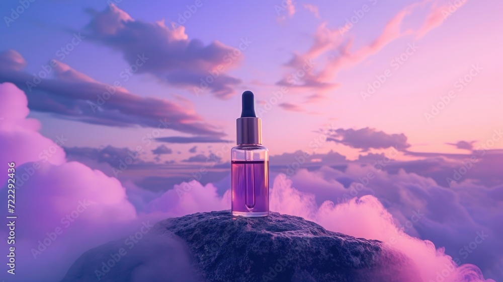 Cosmetic Product Advertisement, Skincare Serum Enveloped in a Soft Purple Sky Background. - obrazy, fototapety, plakaty 