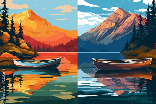 Mountains, lake, forest and boat