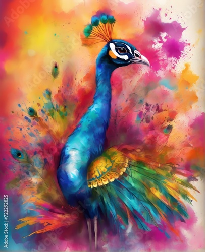 Colorful graphic illustration of a peacock during the Holi festival.