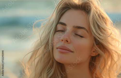 Serene young woman with closed eyes enjoying a gentle breeze, soft focus, warm tones. Created with Generative AI © Spicy World