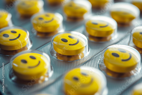 Close-up blister with an assortment of yellow smiley face happy pills - Generative AI photo
