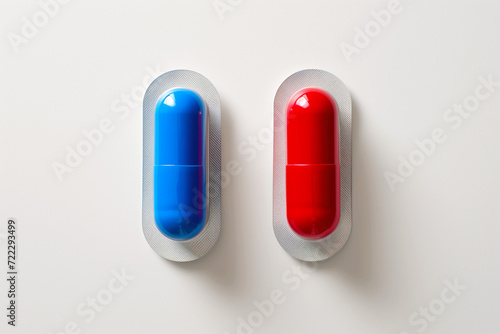 The red pill and blue pill concept choice between the willingness to learn or remaining in the contented  experience of ordinary reality - Generative AI photo