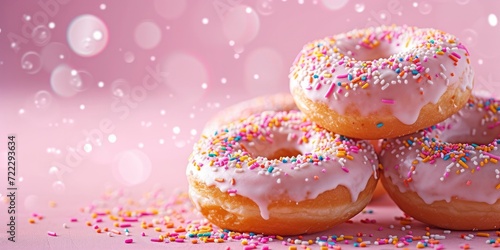 Delicious Donuts with Sprinkles on a Pink Background, Celebrating National Donut Day with a Bokeh Effect.