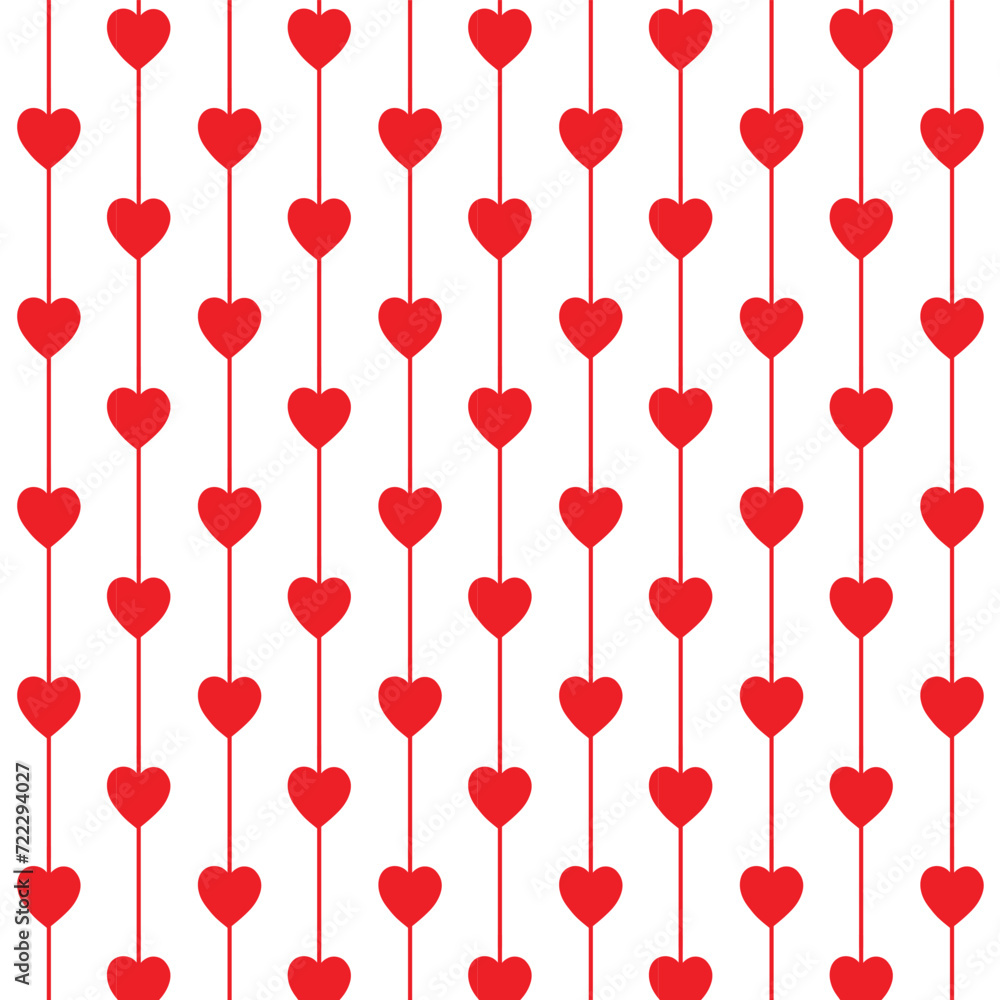 Heart seamless pattern. Red hearts garland repeat ornament background. Love, valentine's day, wedding, romantic symbol.  