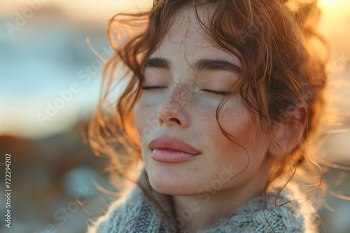 Close-up of a serene young auburn woman with closed eyes, basking in golden sunlight, with a soft-focus background. Created with Generative AI photo