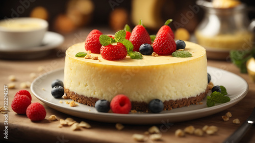 a very delicious mouthwatering cheesecake with berries and mint on the top of a wooden table